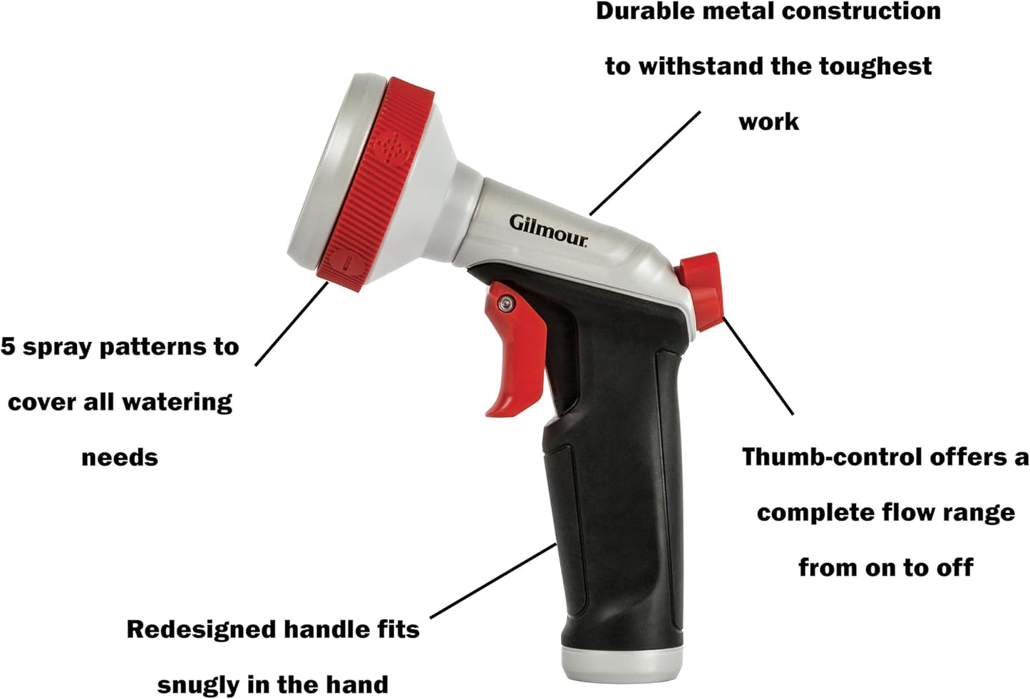 Gilmour Pro Heavy Duty Garden Hose Nozzle with 5 Adjustable Spray Patterns, Water Hose Nozzle for Watering Garden or Lawn, Silver