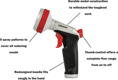 Gilmour Pro Heavy Duty Garden Hose Nozzle with 5 Adjustable Spray Patterns, Water Hose Nozzle for Watering Garden or Lawn, Silver