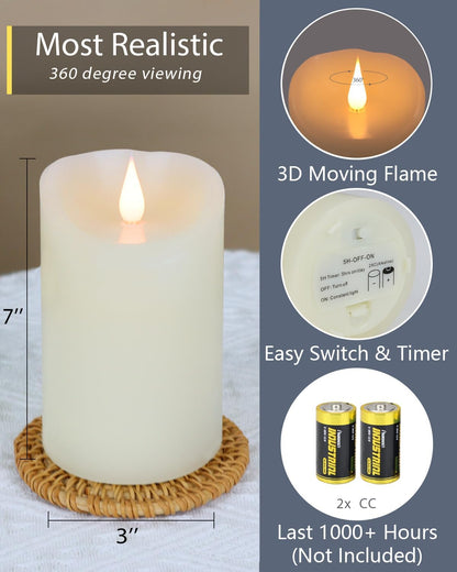TECHLONG Flameless Candles with Remote Timer, 3D Moving Flickering Flame Battery Operated Candles Lasting 1000+ Hours, 3" x 5" Ivory Real Wax Electric LED Pillar Candles, Set of 2