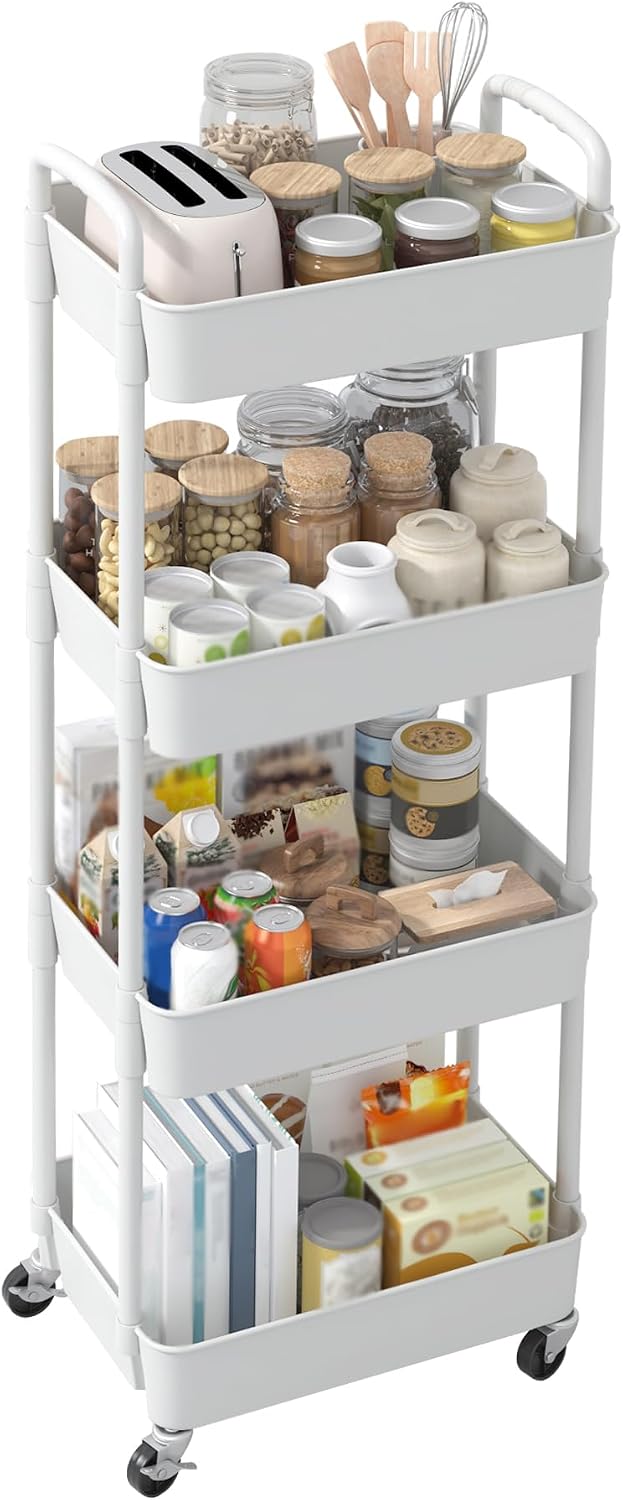Sywhitta 4-Tier Plastic Rolling Utility Cart with Handle, Multi-Functional Storage Trolley for Office, Living Room, Kitchen, Movable Storage Organizer with Wheels, Black