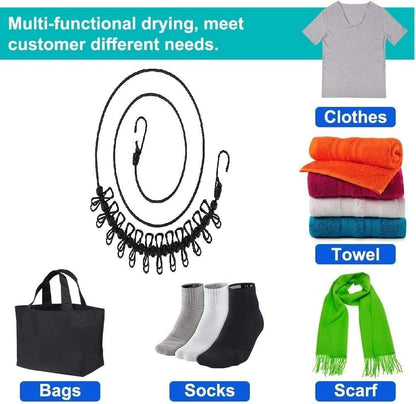2 Pack Portable Clothesline with 12 Clothespins, Windproof Travel Stretchy Retractable Elastic Laundry Clothes Line for Backyard, Vacation Hotel, Balcony Drying