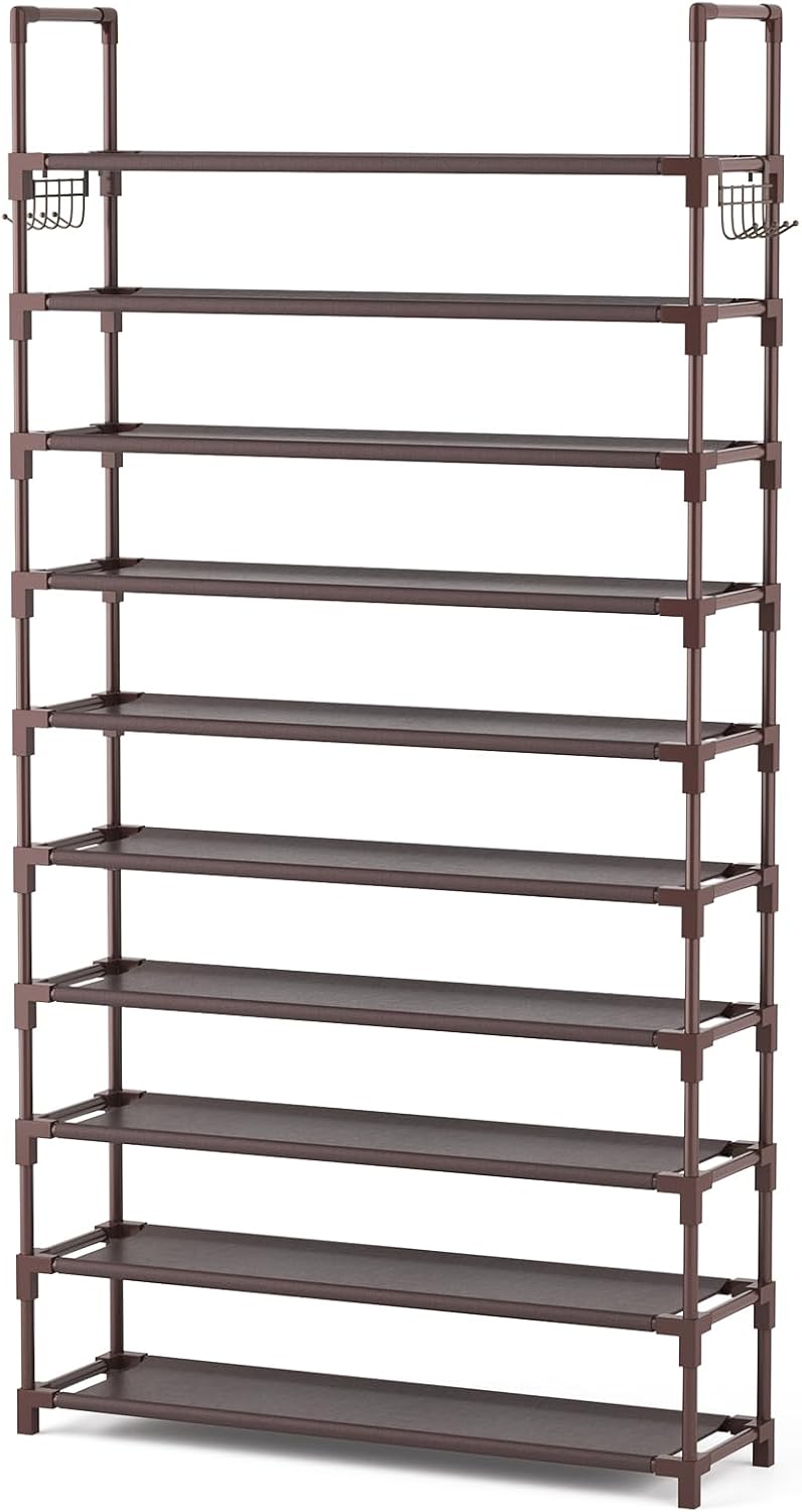 VTRIN 10 Tiers Tall Shoe Rack Holds 20-25 Pairs of Shoes Sturdy Vertical Shoe Organizer with 18pcs Hooks Stackable Narrow Shoe Rack for Closet, Entryway Black