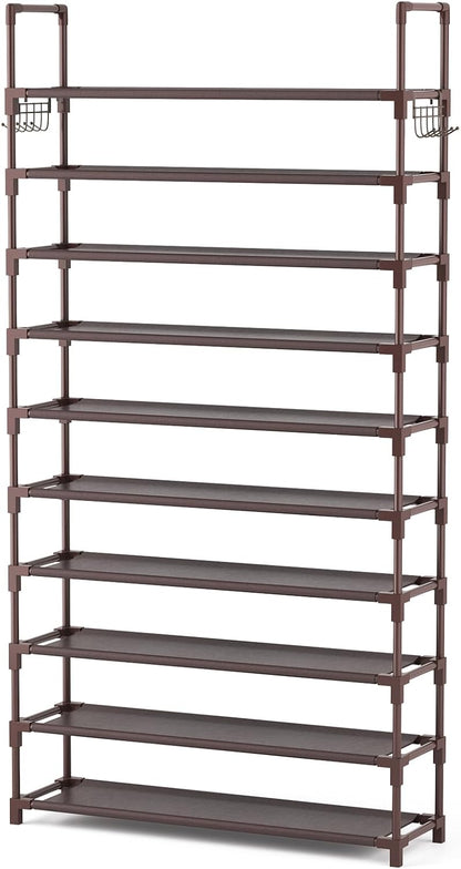 VTRIN 10 Tiers Tall Shoe Rack Holds 20-25 Pairs of Shoes Sturdy Vertical Shoe Organizer with 18pcs Hooks Stackable Narrow Shoe Rack for Closet, Entryway Black