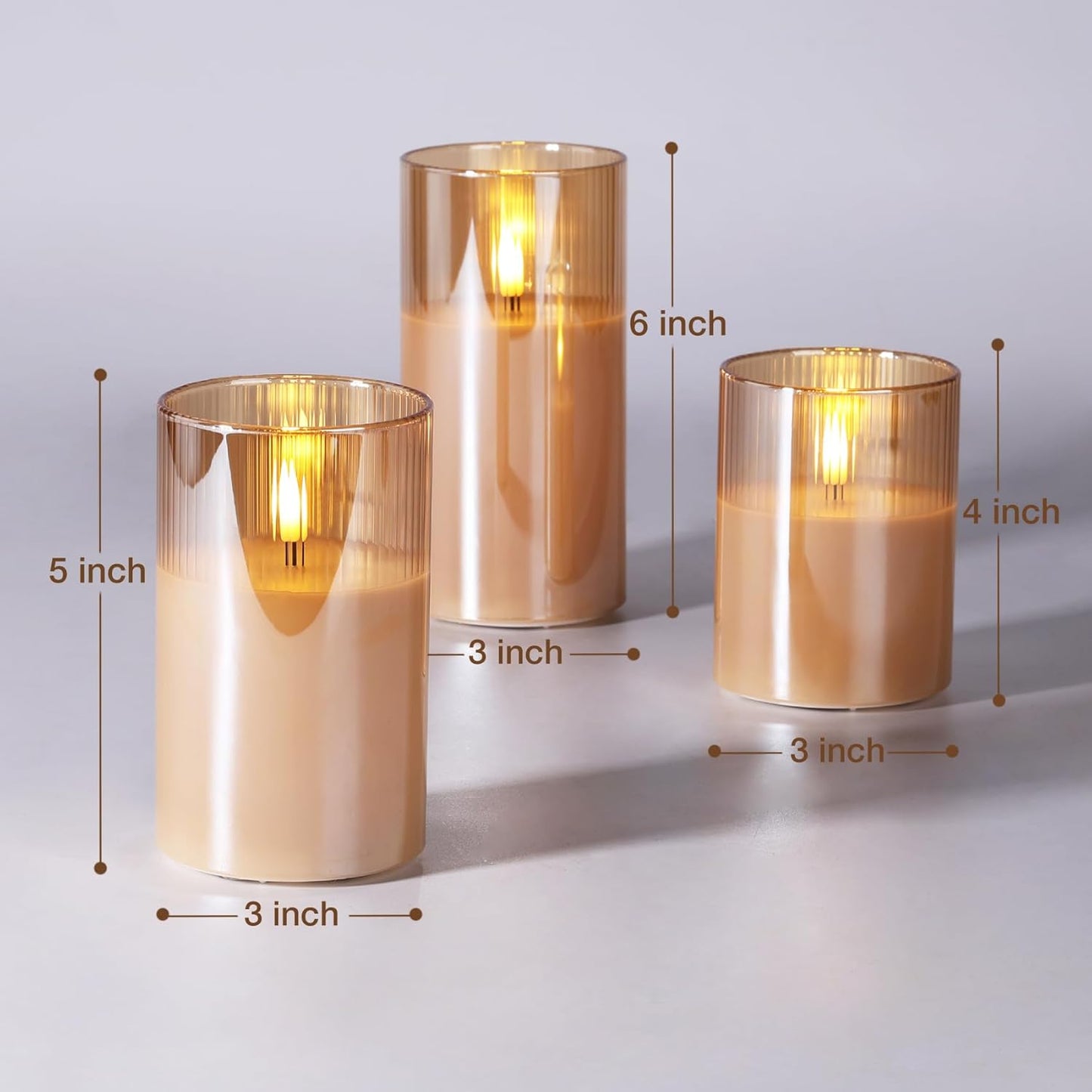 Eywamage Smoke Grey Ribbed Glass Flameless Pillar Candles with Remote, Flickering LED Wax Candles Battery Operated Set of 3