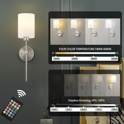 Battery Operated Wall Sconces Set of Two,Wireless Rechargeable Wall Light With Remote Control, Dimmable, Amber Light/Warm White/Natural White/Daylight/RGB, Timer,for Living Room,Bedroom,Entryway,Gold