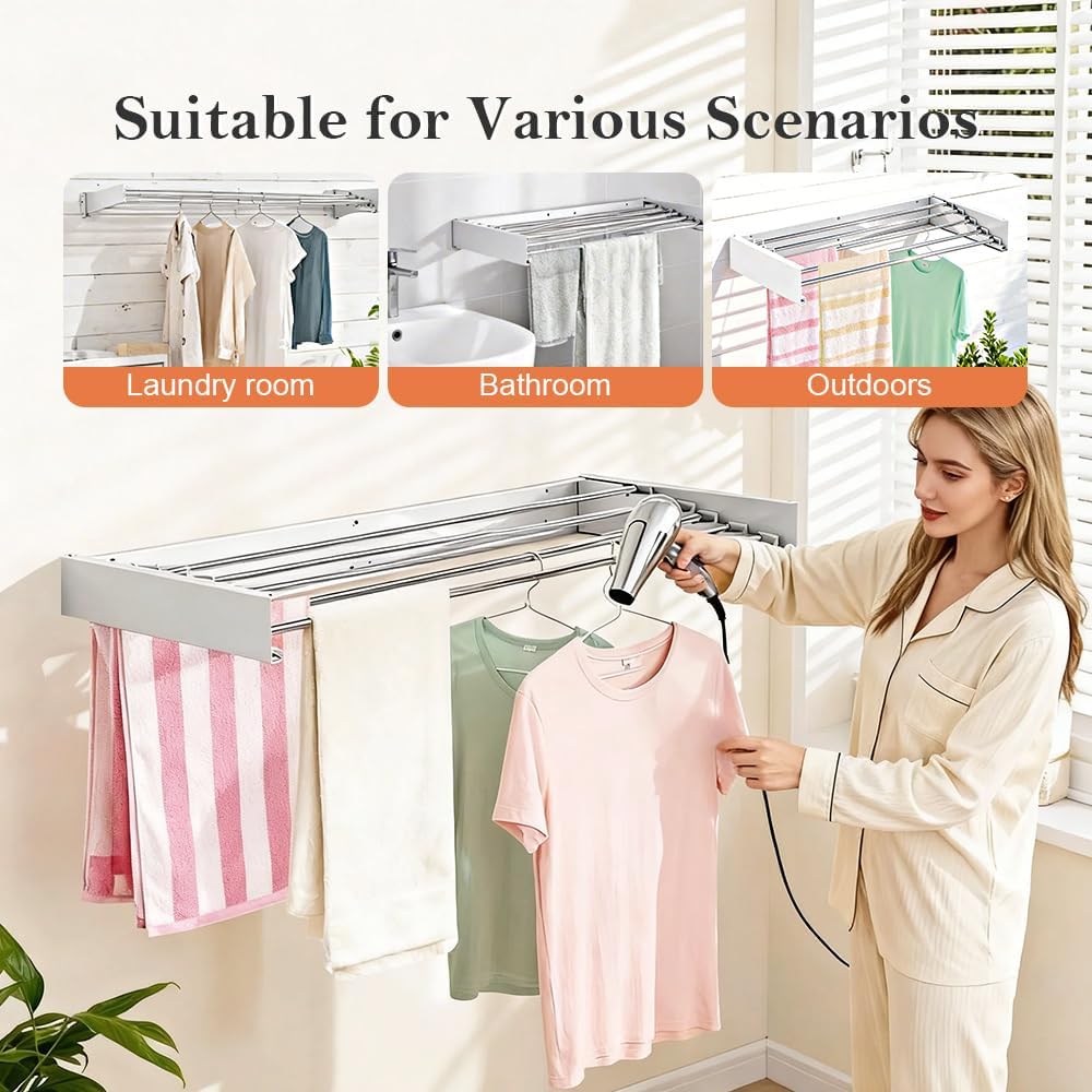 Foldable Wall Mounted Clothes Drying Rack 32’’, Retractable Laundry Room Drying Rack Clothing, Hidden Space Saver with Wall Template, 5 Rods, White