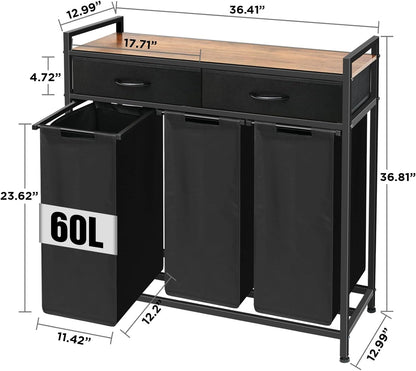 Laundry Hamper 3 Section, 150L Rolling Laundry Sorter Basket with 2 Shelves and 2 Drawers, 3 Compartment Clothes Organizer Cart with Wheels, Pull-Out Bags for Laundry Room, Bathroom, Bedroom