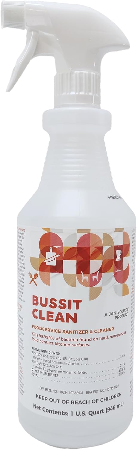 Bussit Clean Foodservice Surface Sanitizer & Cleaner, Spray and Wipe, Kills 99.9% of Kitchen Bacteria, 1 Quart (Each)
