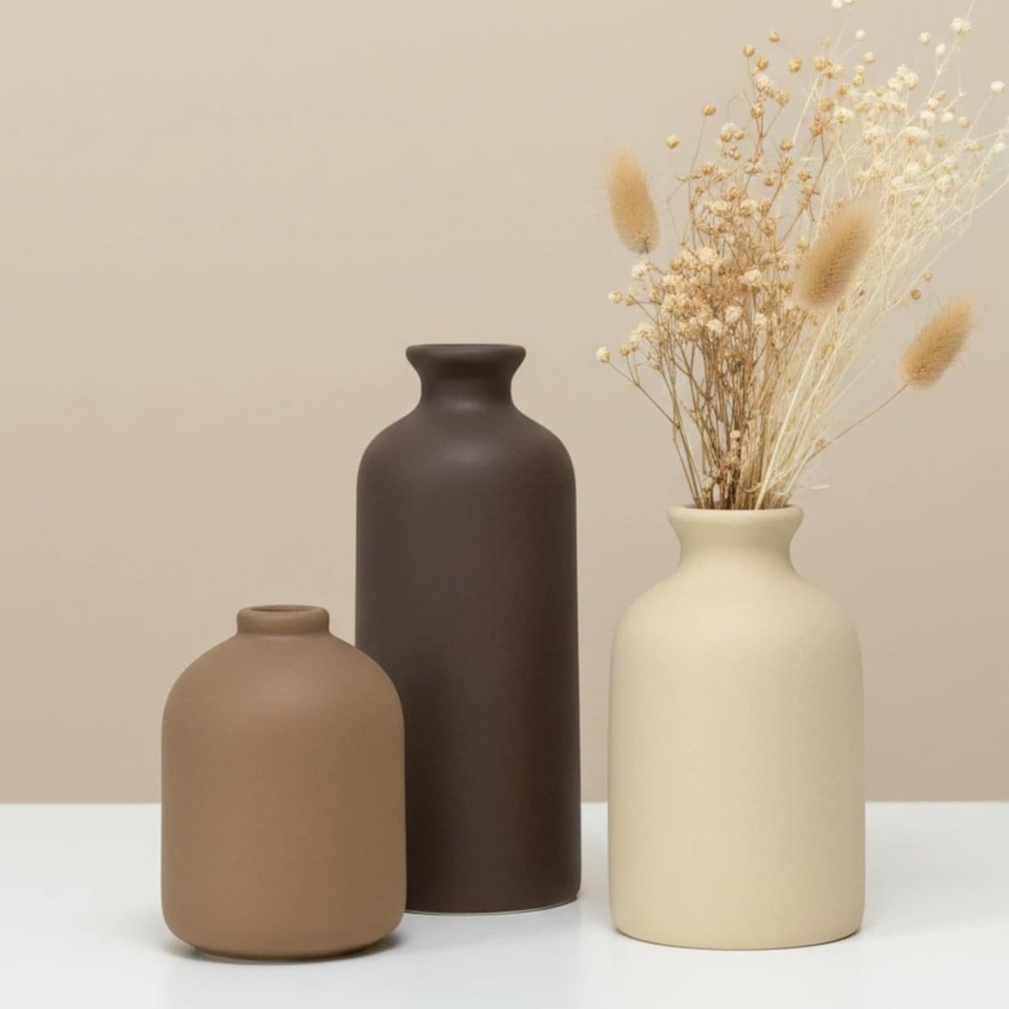 Small Ceramic Vase Set of 3, Boho Home Decor Vases for Dried Flowers,Farmhouse,Shelf,Bathroom,Centerpiece for Entryway Table Decoration Gifts
