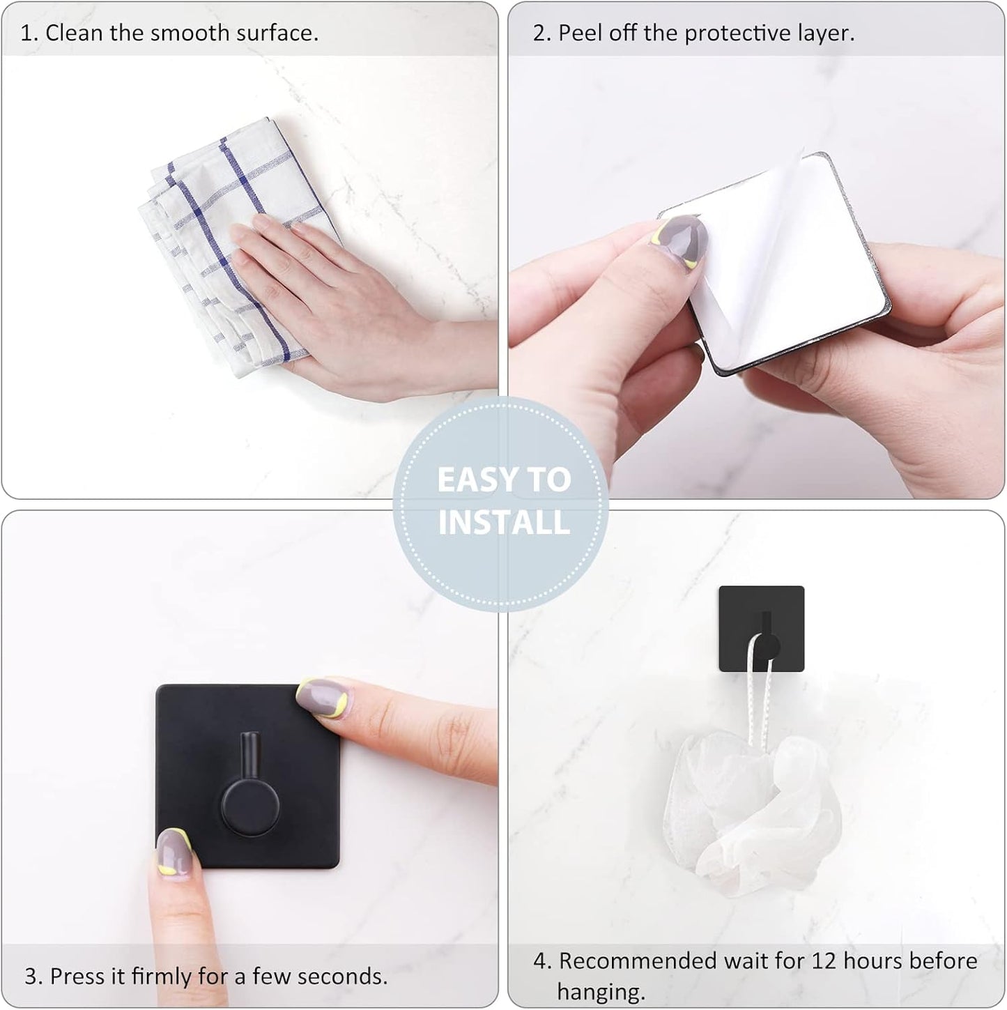 VIS'V Adhesive Towel Hooks, Waterproof Shower Wall Stick on Hooks, 2 Extra Adhesive Strips, White, 4 Pcs
