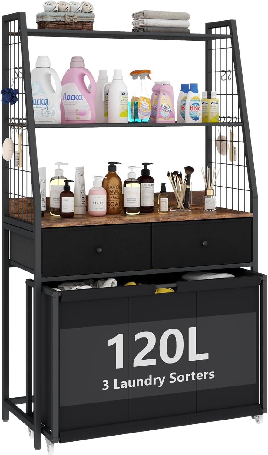 STIKELY Laundry Hamper Laundry Basket with 3 Section Pull-Out Rolling Bags, Laundry Sorter for Organization and Storage with 2 Pull-Out Drawers for Laundry Room, Bathroom, Bedroom Use (Rustic Brown)