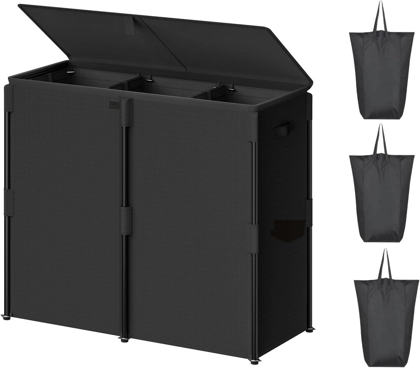 WOWLIVE 180L Laundry Hamper with Lid 3 Section, Large Laundry Basket with Removable Bags, Heavy Duty Metal Frame Dirty Clothes Hampers for Laundry, Laundry Basket Organizer for Laundry Room,Dorm,Black