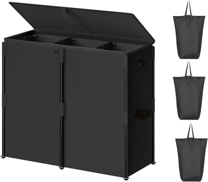 WOWLIVE 180L Laundry Hamper with Lid 3 Section, Large Laundry Basket with Removable Bags, Heavy Duty Metal Frame Dirty Clothes Hampers for Laundry, Laundry Basket Organizer for Laundry Room,Dorm,Black