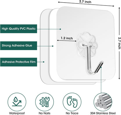 Large Adhesive Hooks for Hanging Heavy Duty 60Ib(Max) 8 Packs, Waterproof & Rustproof Wall Hangers Without Nails for Kitchen, Bathroom, Home, Office, Coat, Towel, Plant, Transparent