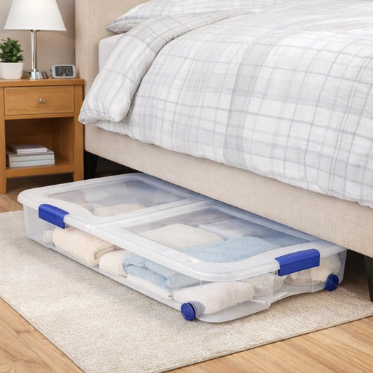 66 Quart Underbed Storage Bin with Wheels & Clear Lid, Under Bed Storage Container for Blankets, 39.5" x 20.25" x 7", Split-Lid Design & Smooth Gliding Wheels