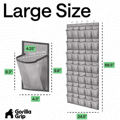 GORILLA GRIP Over the Door Shoe Organizer, 24 Large Breathable Mesh Pockets, Space Saving Hanging Storage Holder, Closet Rack Hanger Holds Up to 40 lbs, Hangs on Closets for Shoes, Accessories, Grey