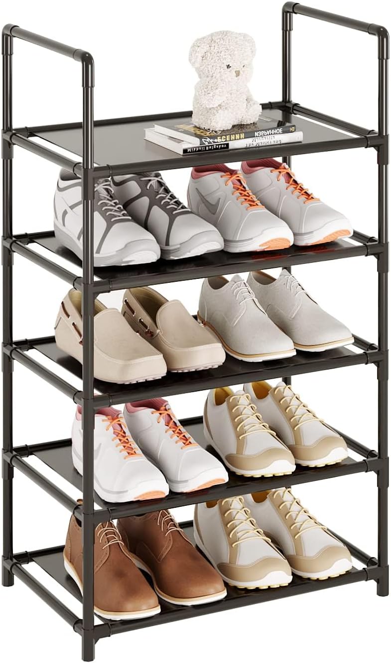 Small Shoe Rack 6-8 Pairs Sturdy Shoe Shelf 4-Tiers Narrow Stackable Shoe Organizer,Lightweight Kids Shoe Racks for Entryway, Doorway and Closet（Black）