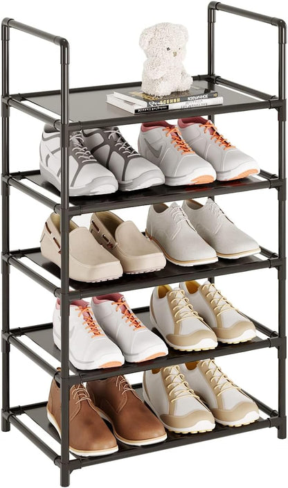 Small Shoe Rack 6-8 Pairs Sturdy Shoe Shelf 4-Tiers Narrow Stackable Shoe Organizer,Lightweight Kids Shoe Racks for Entryway, Doorway and Closet（Black）