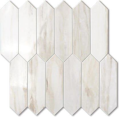 Vamos Tile Glossy Dolomite White Backsplash Tile Peel and Stick, 12.8 x 12.8 Inch 10 Sheets Long Hexagon PVC Self Adhesive Mosaic Wall Tiles Stick on Backsplash for Kitchen and Bathroom