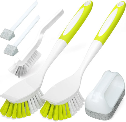 Holikme 6 Pack Dish Brush with Handle Kitchen Cleaning Brush Set for Pot, Pan, Kitchen Sink (Green)