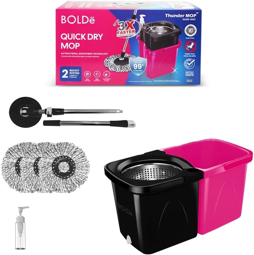 Thunder Mop Spin System -Double-Sided- 2 Compact Stackable 6L Buckets, Microfiber Head, Stainless Steel Wringer, Antifungal Quick-Dry Cleaning, Soap Dispenser, 3 Free Refills (Lime/Forest Green)
