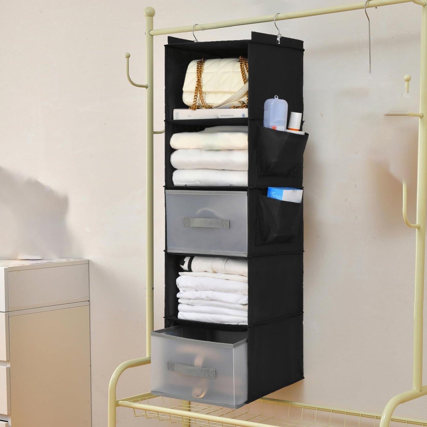 6-Shelf Hanging Closet Organizer with 3 Drawers & Side Pockets, Gray | Non-woven fabric, tool-free setup, ideal for bedrooms/dorms/RVs, 3 foldable transparent drawers for easy access