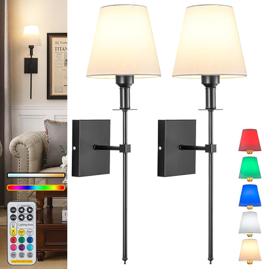 Battery Operated Wall Sconce Set Of 2,Rechargeable Wireless Wall Light With Remote 12 Colors Dimmable Bulbs,Indoor Fabric Shade Wall Decor Fixtures,for Bedroom,apartment，Farmhouse ( Color : Gold )
