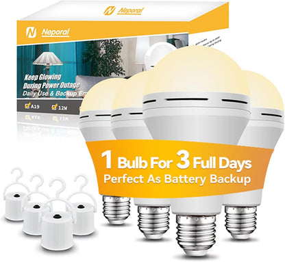 Neporal 4 Pack Emergency-Rechargeable-Light-Bulb, Stay Lights Up When Power Failure, 1500mAh 15W 80W Equivalent LED Light Bulbs for Home, Camping, Tent (E27, with Hook) (Daylight)