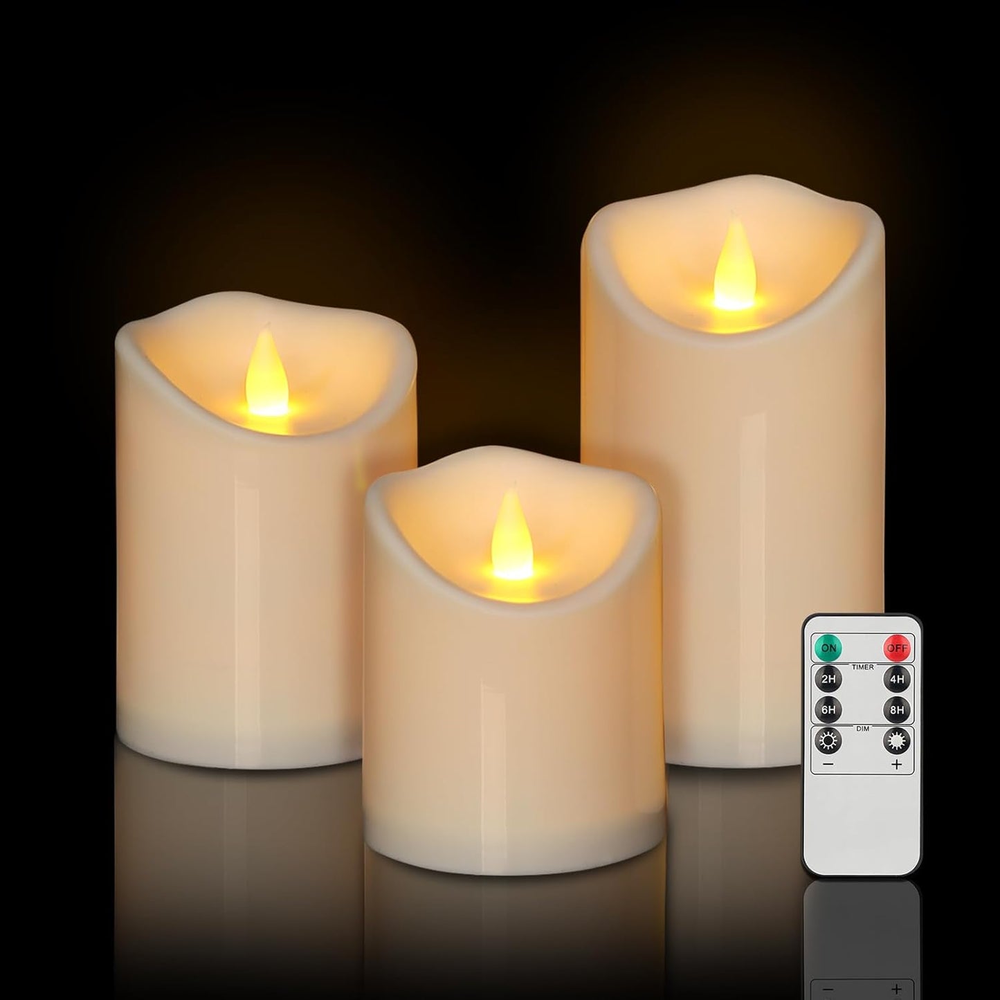 Outdoor Indoor Flameless Candles, Patented 3D Dual-LED, Set of 6 Slanted Top Durable Plastic Pillars with 2 Remotes & Timer, Non-Melting Waterproof Battery Candles for Patio Garden (Ivory)