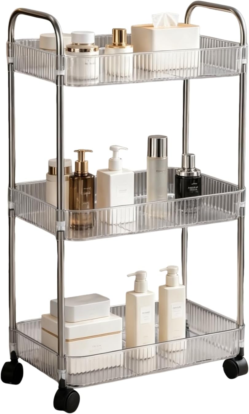 Sooyee 3 Tier Rolling Cart with Wheels, Slim Storage Cart, Under Desk Narrow Rolling Utility Cart Storage Organizer for Office Bathroom Kitchen Laundry Room Narrow Places, White, Plastic and Metal