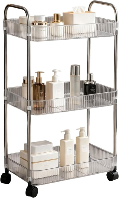 Sooyee 3 Tier Rolling Cart with Wheels, Slim Storage Cart, Under Desk Narrow Rolling Utility Cart Storage Organizer for Office Bathroom Kitchen Laundry Room Narrow Places, White, Plastic and Metal