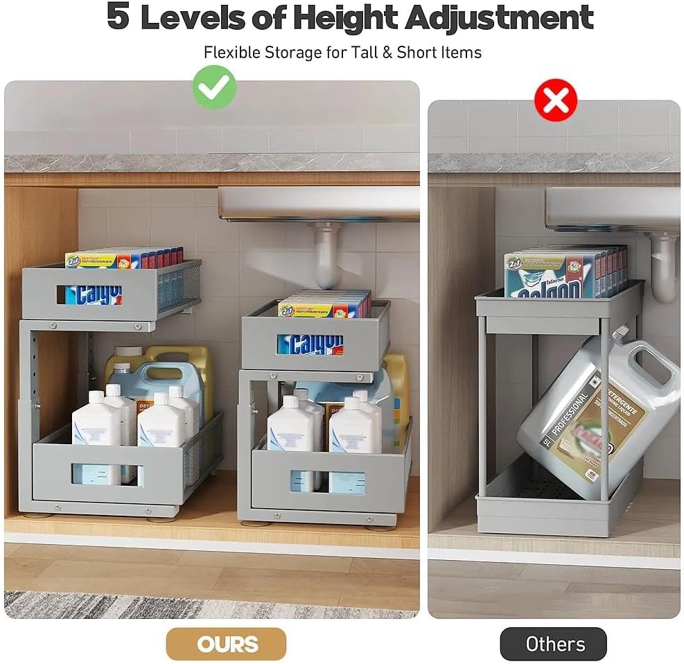 Under Sink Organizer, 2-Tier Dual Pull Out Cabinet Organizer Drawers With Smooth Circular Rail, Large Capacity Metal Mesh Sliding Shelves For Bathroom& Kitchen Storage,Height Adjustable–White,2 Packs