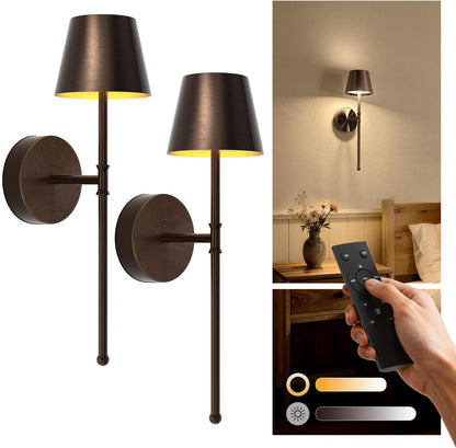 UME Wireless Sconces Set of 2 with Remote, 5200mAh Battery Powered Sconces - Small Rechargeable Sconces w/ 3 Color Temps & 5 Brightness Levels for Bedroom, Living Room, Wall Painting, Cafe (Black)