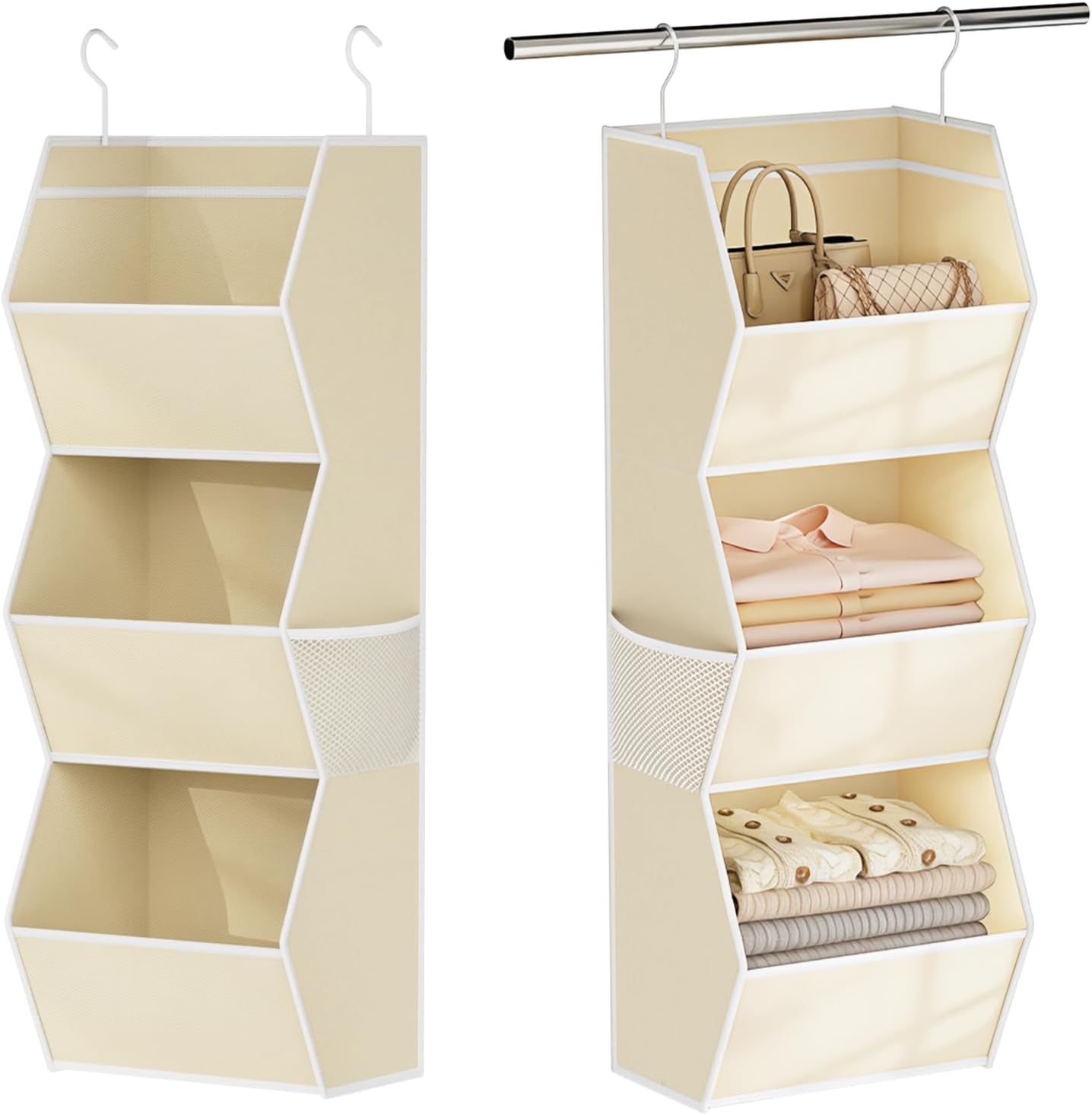 Hanging Closet Organizer 4 Shelf Collapsible Bedroom Closet Organizers and Storage Hanging with Mesh Pockets for Clothes, Fabric Hanging Storage Bins for Wardrobe Closet Organization and Storage, Grey