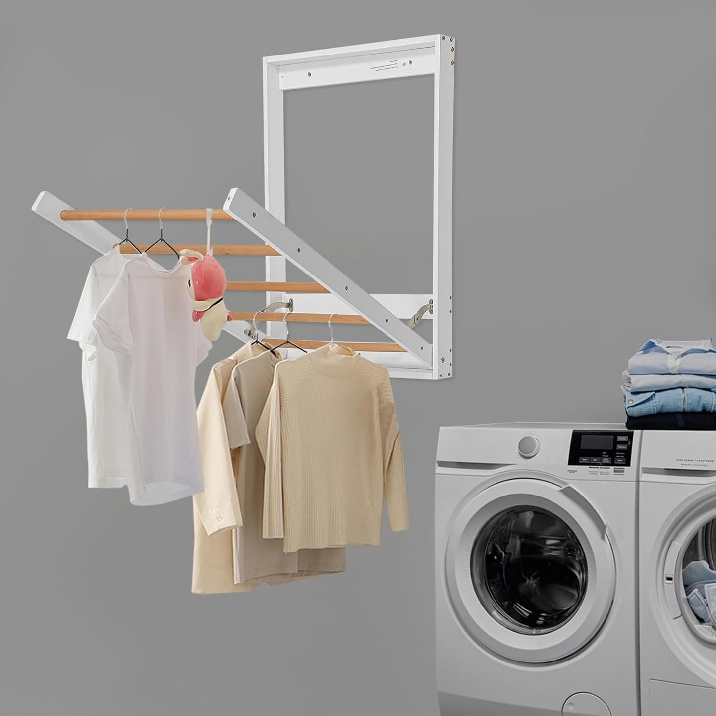 Wall Mounted Clothes Drying Rack, Foldable Wooden Laundry Dryer Rack for Indoor Use, Space Saving Drop-Down Design with Retractable Rods for Bathroom & Laundry Room (White)
