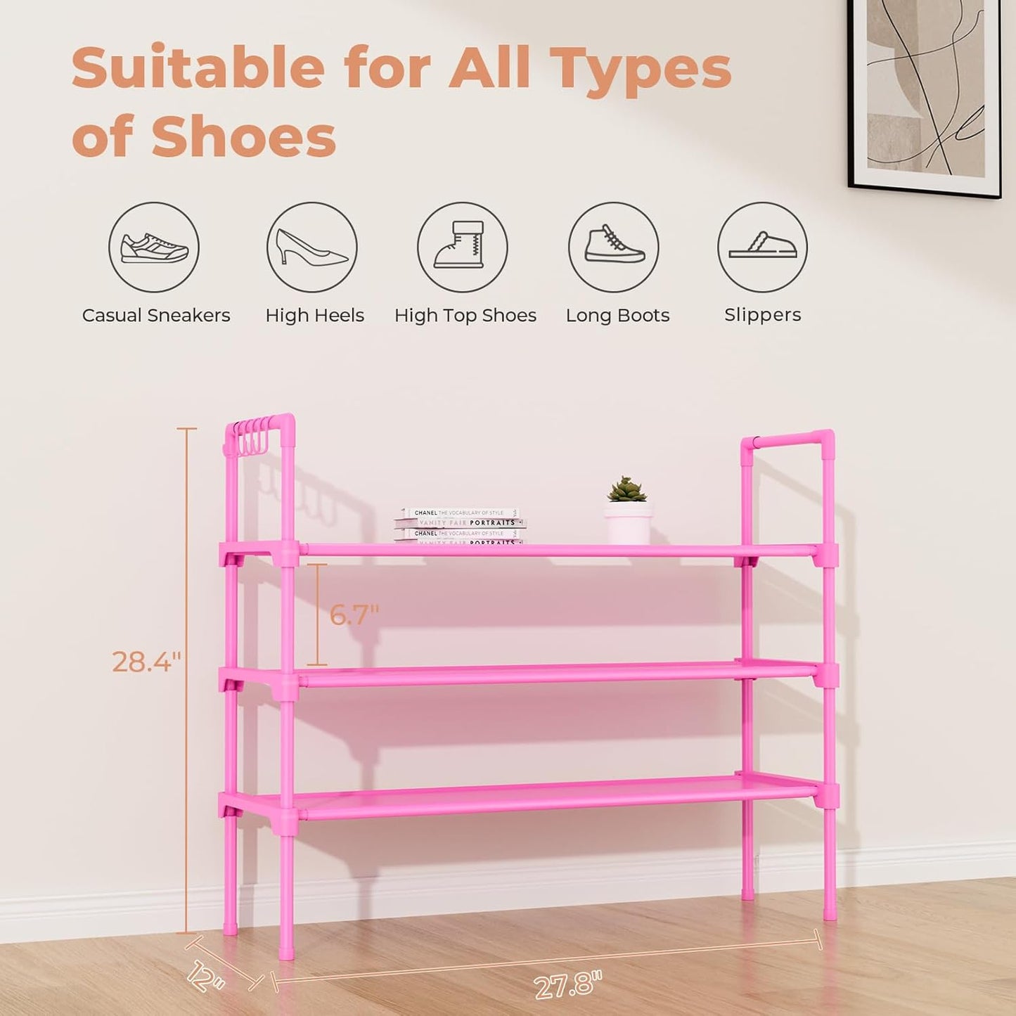 LANTEFUL 3 Tier Shoe Rack for Closet, Shoe Organizer with 5 Hooks, Long Shoe Shelf Storage for Sneaker and Boot Stackable Free Standing Shoe Rack for Entryway, Garage, Small Spaces, Dorm