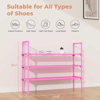 LANTEFUL 3 Tier Shoe Rack for Closet, Shoe Organizer with 5 Hooks, Long Shoe Shelf Storage for Sneaker and Boot Stackable Free Standing Shoe Rack for Entryway, Garage, Small Spaces, Dorm