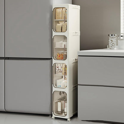 4-Tier Stackable Narrow Storage Cabinet with Wheels and Doors,Slim Plastic Rolling Cart with Adjustable Shelves,Foldable Floor Cabinets for Small Space, Bathroom,Kitchen,Beige