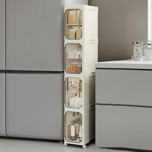 4-Tier Stackable Narrow Storage Cabinet with Wheels and Doors,Slim Plastic Rolling Cart with Adjustable Shelves,Foldable Floor Cabinets for Small Space, Bathroom,Kitchen,Beige
