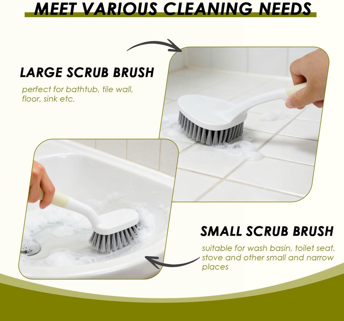 3 Pack Shower Scrub Brush Set, Stiff Bristles Grout Cleaner Brush, Scrub Brushes for Cleaning Bathtub, Bathroom, Shower, Tile, Carpet, Kitchen, Sink, Floor (Green)