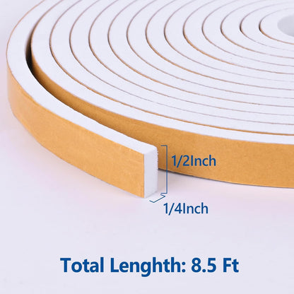 Self Adhesive Foam Tape Weatherstrip 1/2in x 1/4in x 42Ft High Density Foam Insulation Strips Foam Seal Weather Stripping with Strong Adhesive for Door and Window Sound Isolation Soundproofing, White
