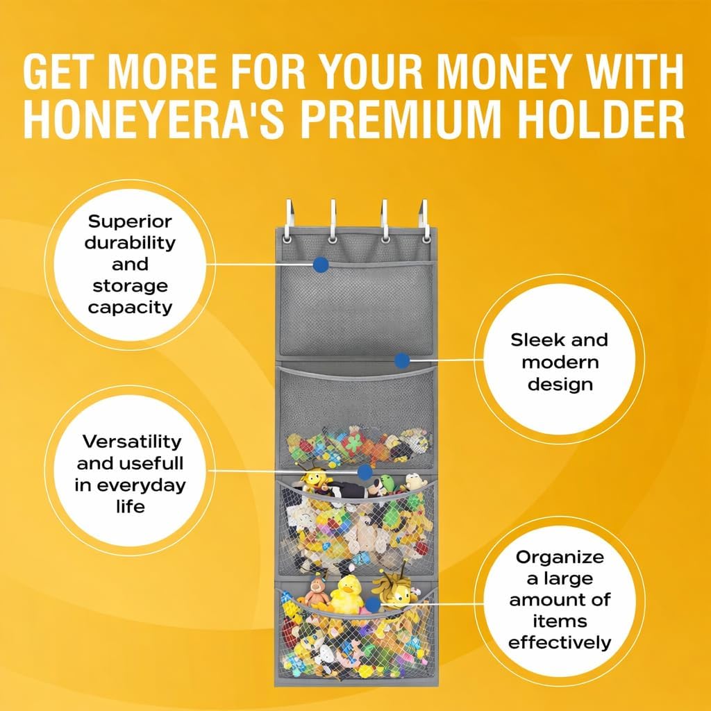 Honeyera The Original Stuffed Animal Storage (Patented) - Over Door Organizer for Stuffies, Baby Ideas Holder, Toy Plush Hammock Hanging Net Big Girls Toddler Large Bag Animals Stuffy Behind