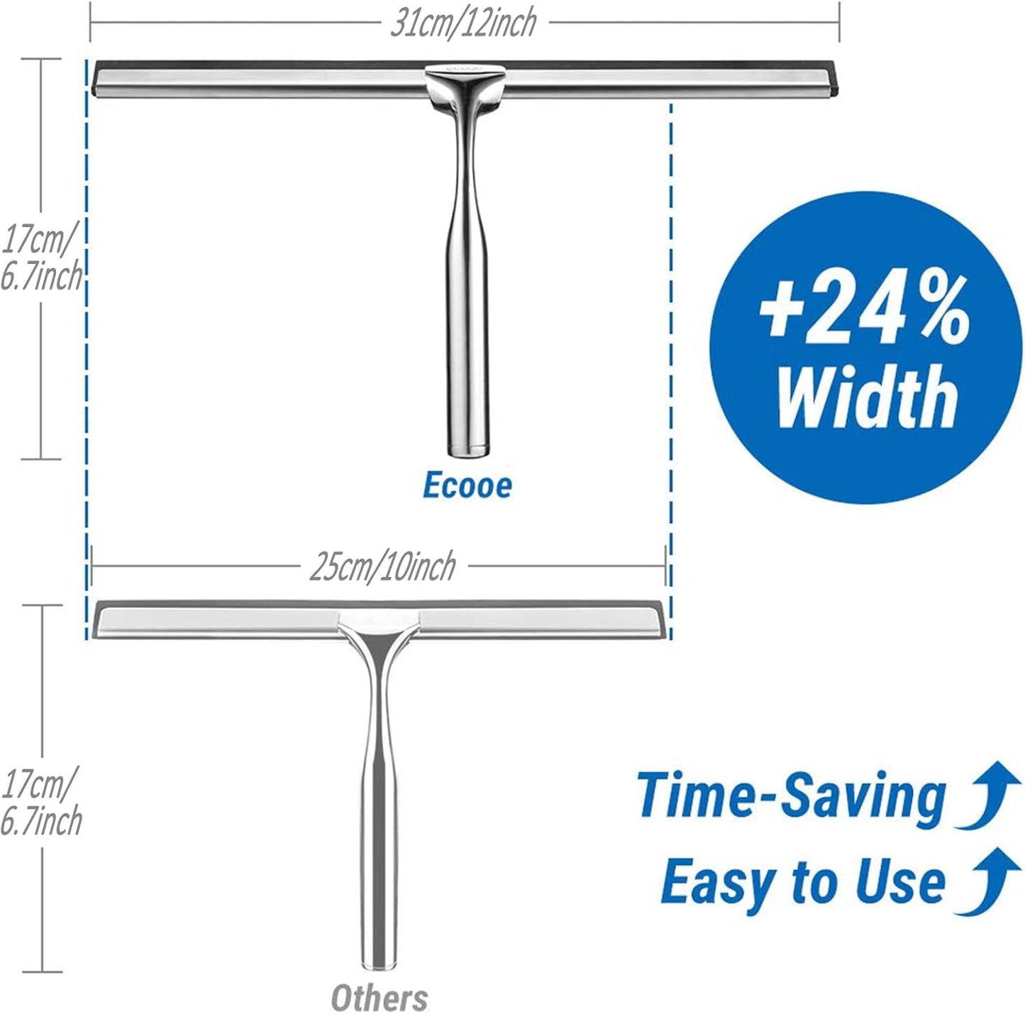 ecooe Silicone Shower Squeegee with Hanger, 13″/33cm Shower Glass Cleaner Wiper, Black Window Squeegee Scraper with Stainless Steel Core for Home Bathroom Kitchen Car Glass Doors