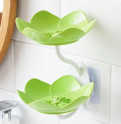Soap Dish Holder for Shower Bar Double Layer Cute Lotus Shape Adhesive Tray Sink Wall Mounted Shampoo NO-Drilling Self Draining Hanging Saver Rack Plastic Bathroom Bathtub Kitchen，Pink