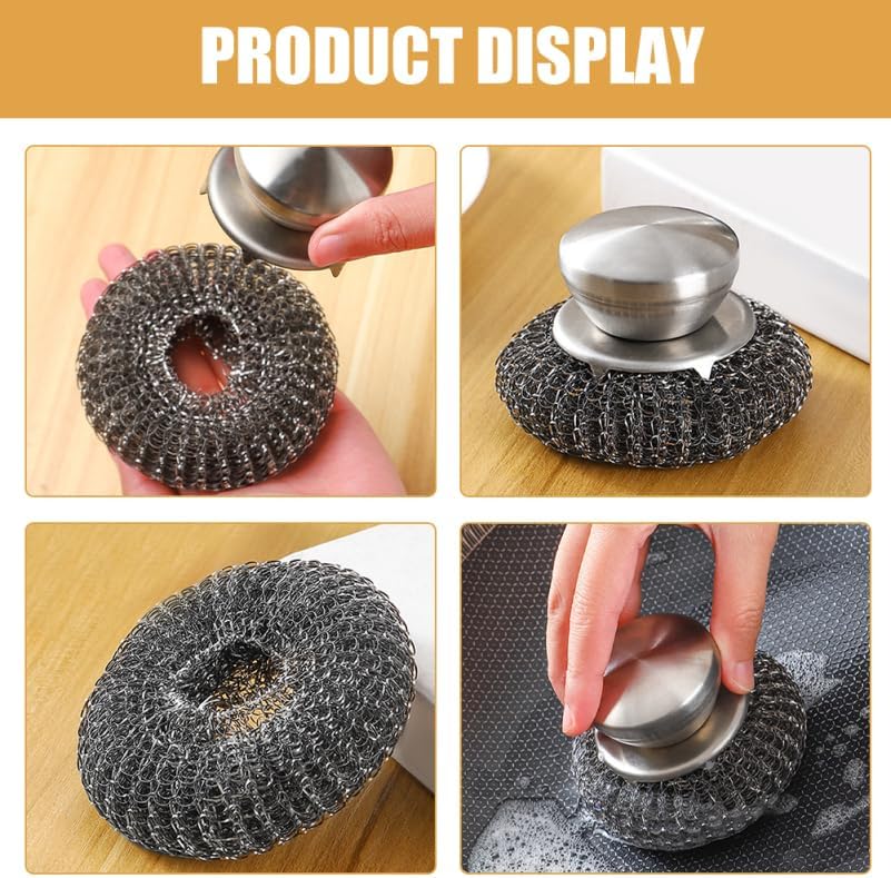 Stainless Steel Scrubber with Handle BBQ Grill Scrubber for Pots Pans and Dishes Non-Scratch Kitchen Metal for Tough Stains Scrubbing Tool 3.54X2.16X2.16In