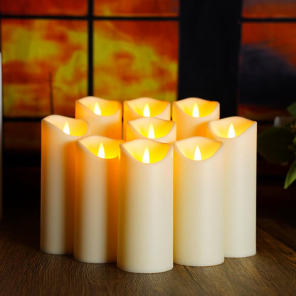 kakoya Flickering Flameless Candles Battery Operated with Remote and 2/4/6/8 H Timer Plexiglass Led Pillar Candles Pack of 9(D2.3 xH5.5 6.5" 7.5") with Realistic 3D Wick Candles for Home Decor(Ivory)