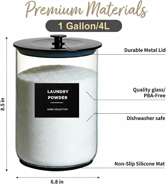 1 Gallon Glass Laundry Detergent Dispenser - Borosilicate Glass Canister Jar with Airtight Lid, Scoop & Silicone Mat, 16 Labels for Laundry Room Organization Powder Soap Pods Container (2, Black)