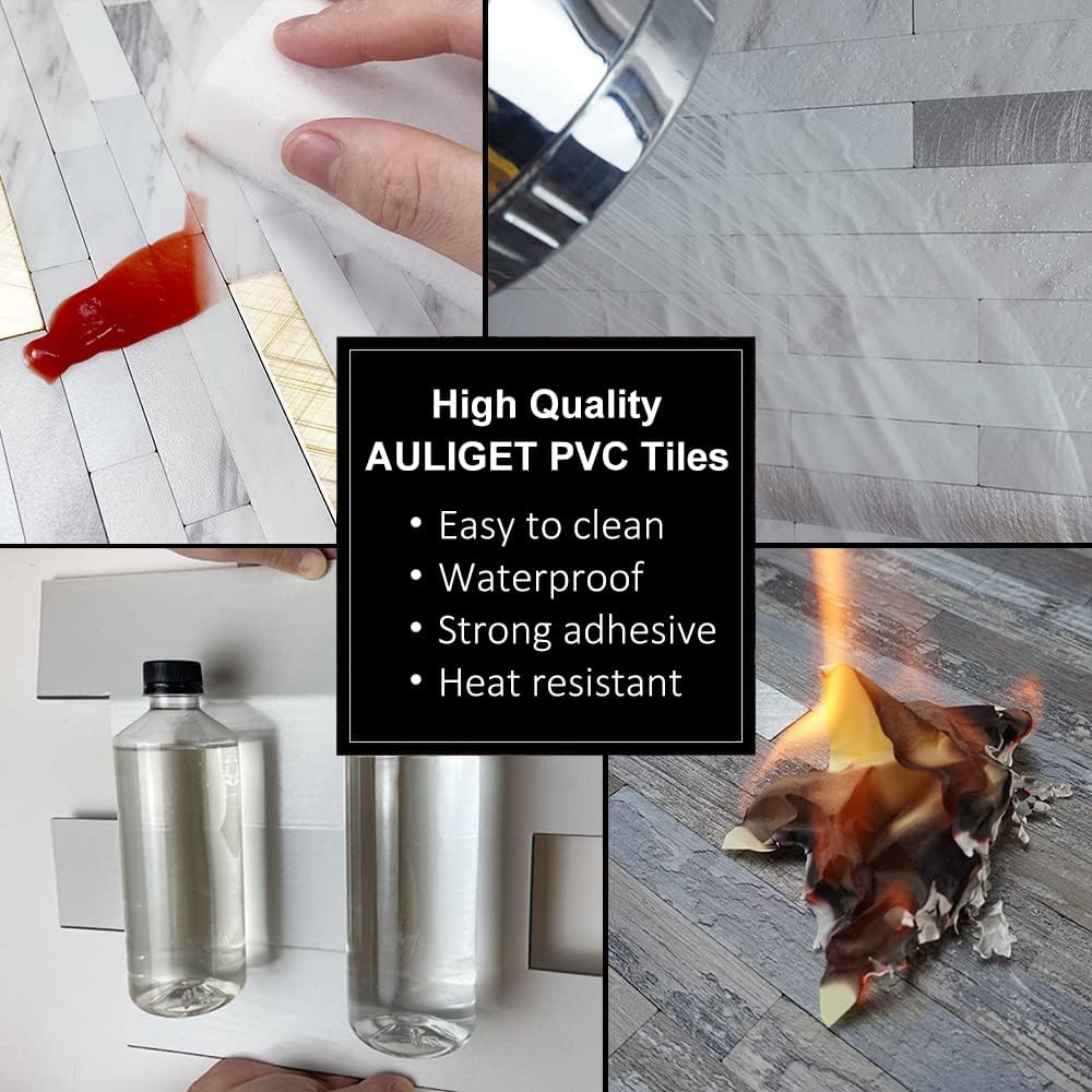 AULIGET 20 Sheets Peel and Stick Backsplash, Black & Grey Wood Look PVC Mixed Metal Stick on Backsplash Tiles for Kitchen