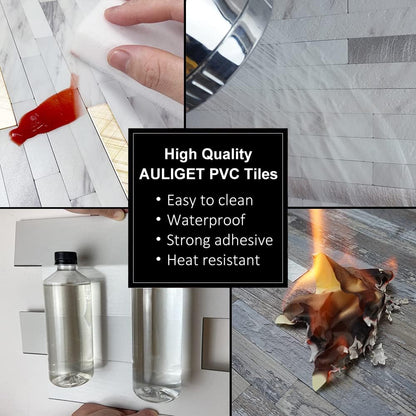 AULIGET 20 Sheets Peel and Stick Backsplash, Black & Grey Wood Look PVC Mixed Metal Stick on Backsplash Tiles for Kitchen