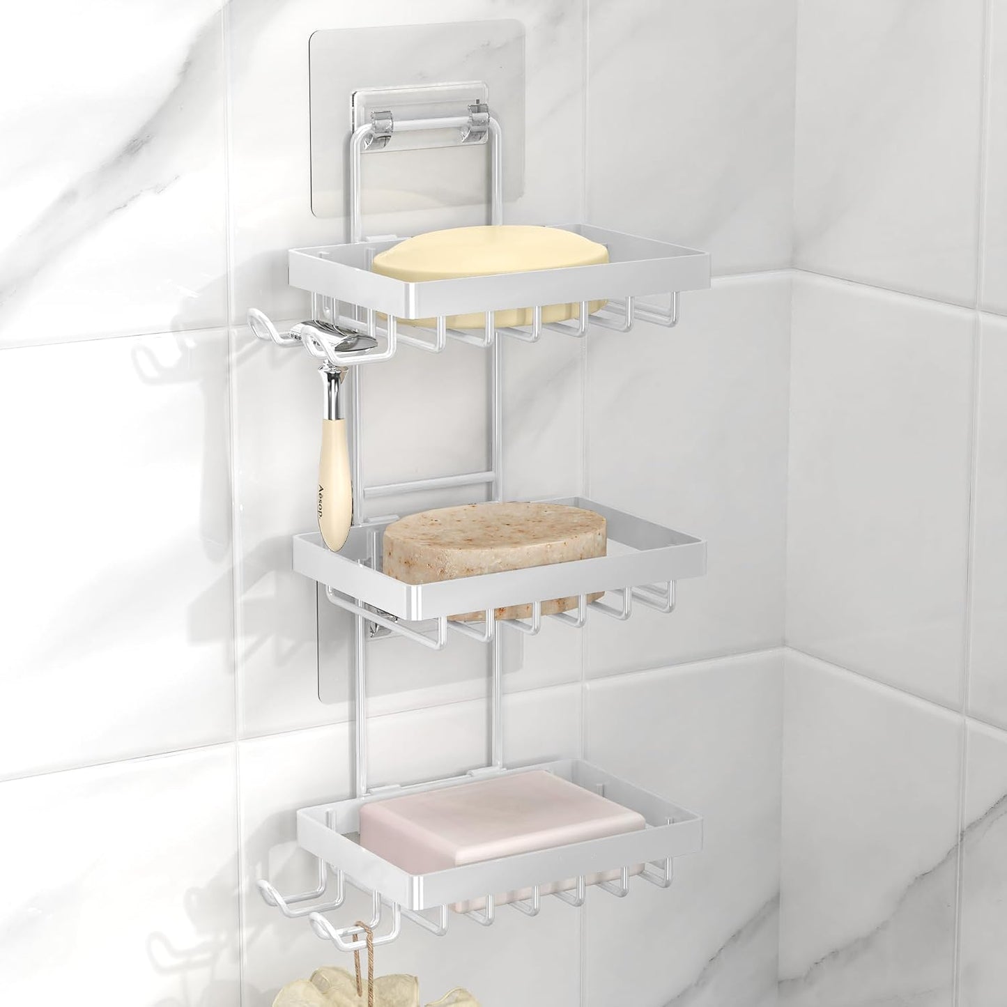 Moforoco Double Soap Bar Holder for Shower, No Drilling, 304 Stainless Steel, Wall Mounted Soap Holder with 4 Hooks and Razor Holder, Shower Rack Soap Tray Bar Soap for Bathroom Accessories Organizer